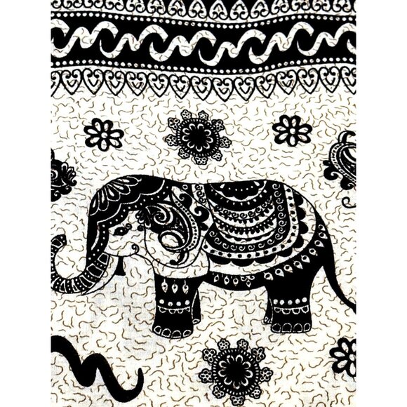 CCC Black Beige Elephant Print Rayon Pants Drawstring Waist Made In Thailand Med - Picture 3 of 6
